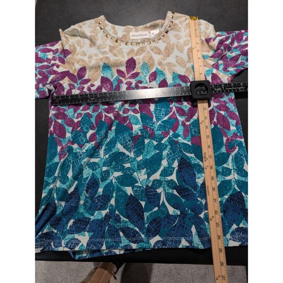 Alfred Dunner Shirt Womens Size Small Blue Teal Purple Leaf Print 3/4 Sleeve Top - Picture 12 of 15